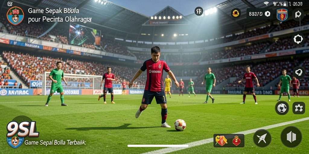 Screenshot gameplay 9SL menampilkan aksi seru di lapangan sepak bola.