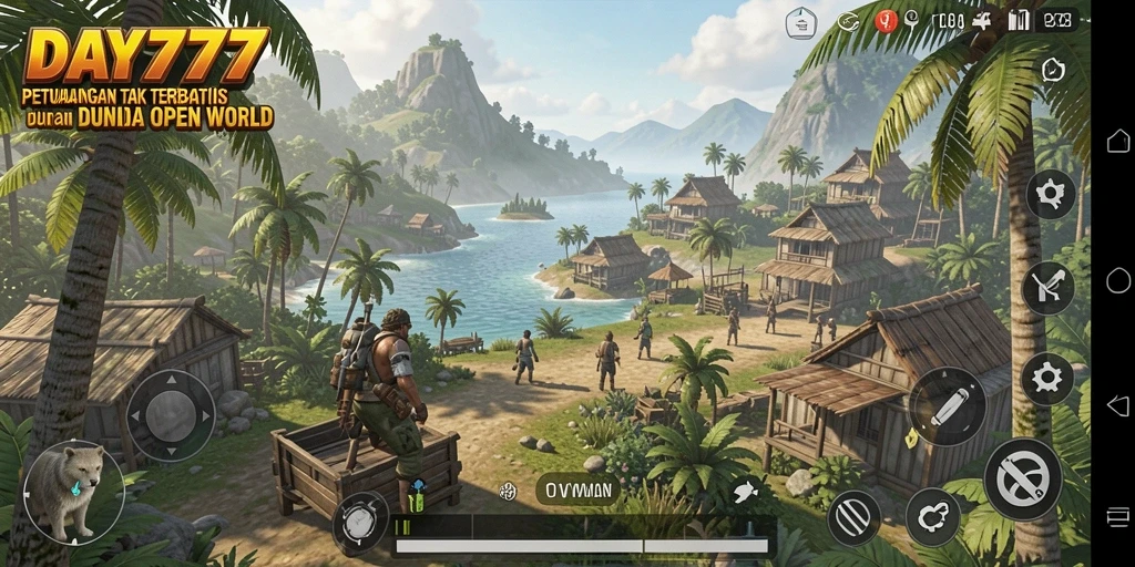 Tangkapan layar gameplay DAY777 menunjukkan eksplorasi dunia yang luas.