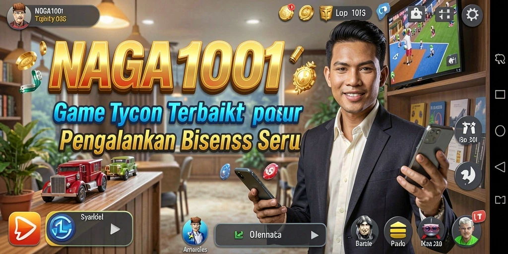 Tangkapan layar gameplay NAGA1001 menunjukkan strategi bisnis yang mendalam.