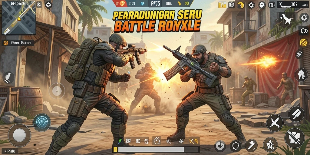 Tampilan aksi seru dalam permainan Battle Royale RP55.
