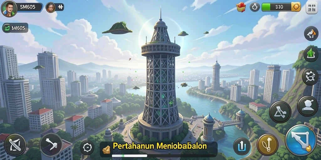 Tampilan gameplay SM605 dengan menara yang bertahan dari berbagai serangan musuh.